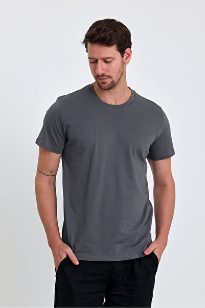 COMBİNE MİCHAİL Ανδρικό μπλουζάκι καπνιστό 100% βαμβακερό με λεπτή εφαρμογή με λαιμόκοψη Basic