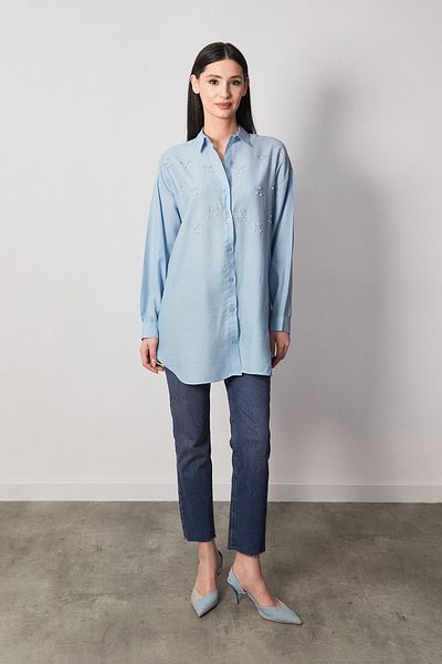 Fulla Moda Cămașă oversize Seersucker brodata cu fundă