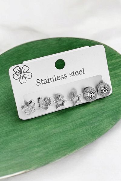 Çlk Accessories Star Pattern Set of 6 Silvery Steel Earrings - 35602