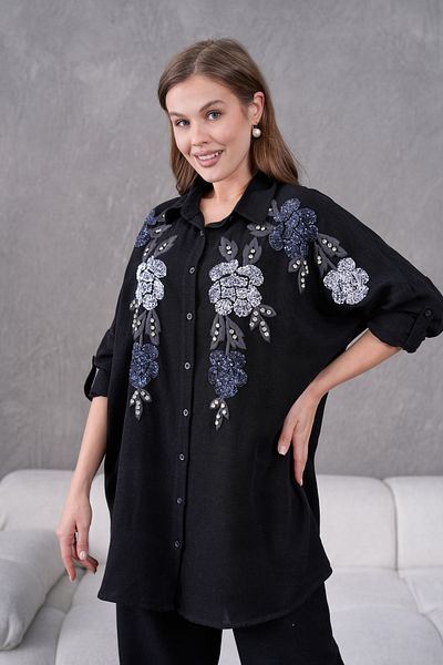 MVStore Cămașă oversize din in, cu model, broderie, detaliată cu paiete