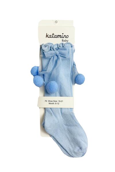 Katamino Ponponlu Tüllü Dizaltı Bebek Çorap Mavi