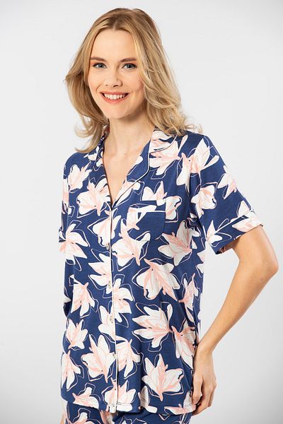 TÜREN Viscose Fabric, Front Button, Short Sleeve, Shirt Collar, Women's Pajama Set Navy