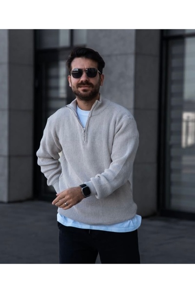 mayastyle Men's 2-Pack Half Zip Beige Gray Knitwear Sweater