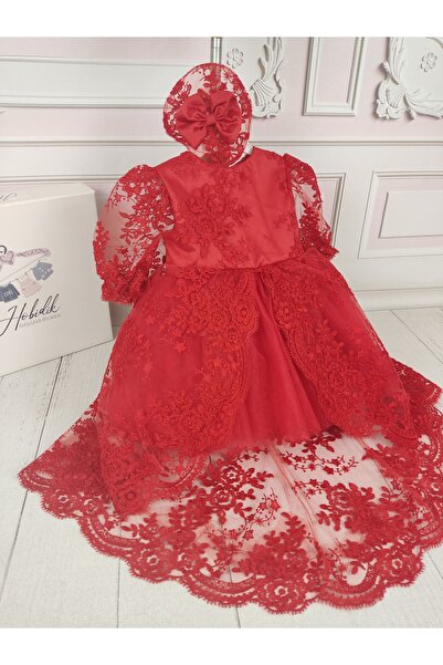 Hobidik Kız Çocuk Takıp Çıkarılabilen Fransız Dantel Çevrili Kumaş Doğum Günü Özel Gün Elbise - Kırmızı