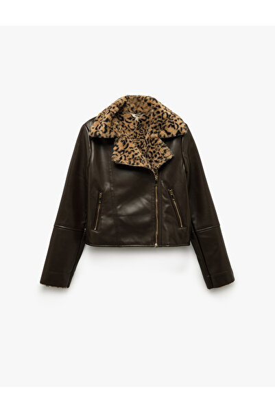 Koton Bikerjacke aus Kunstleder mit Leopardenmuster und Reißverschlusstaschen