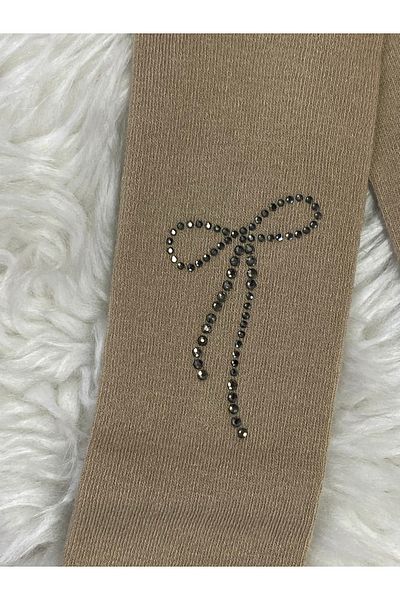 skycott Female Child Shiny Stone Bow Detail Solid Color Cotton Pantyhose