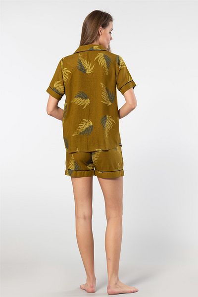 TÜREN Viscose Fabric, Shirt Collar, Women's Shorts Set, Leaf Print, Short Sleeve, Pocket