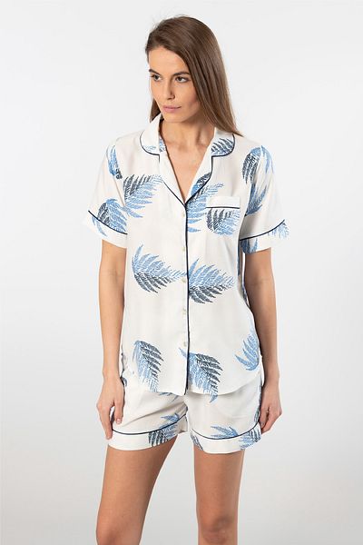 TÜREN Viscose Fabric, Shirt Collar, Women's Shorts Set, Leaf Print, Short Sleeve, Pocket
