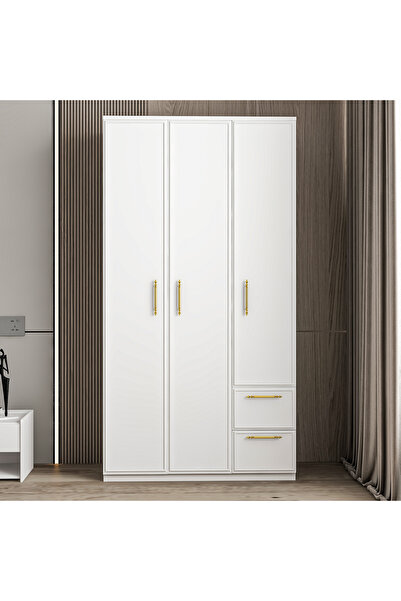 İNARCH DİZAYN Vespera Çıta Detaylı 3 Kapaklı, Çekmeceli Gardırop Beyaz, 90 cm