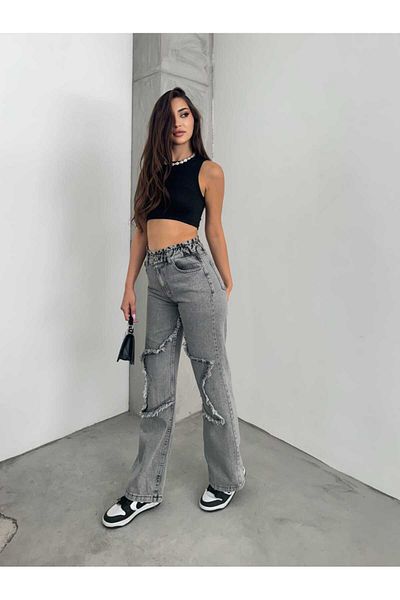 SHEVEGA Women's Smoked Leg Starred Wide Leg Jeans Jeans Pants