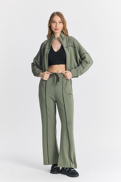 Piyera Women's Modal Low Sleeve Casual Crop Zip Wide Leg Khaki Tracksuit Set - 7807