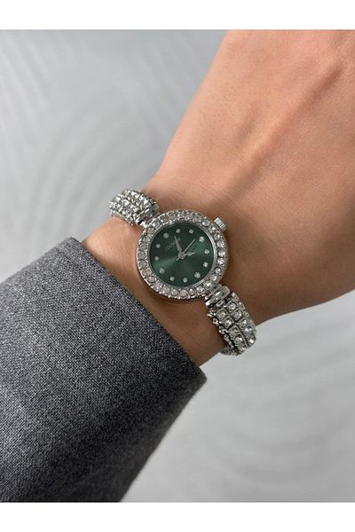 RoseandRoses Sasme Stone Round Case Women's Wristwatch Silver Band (Green Dial)