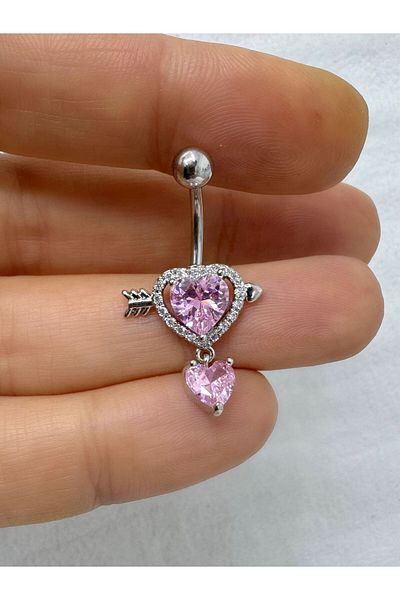 Arescollection Steel Pink Zircon Stone Heart Belly Piercing