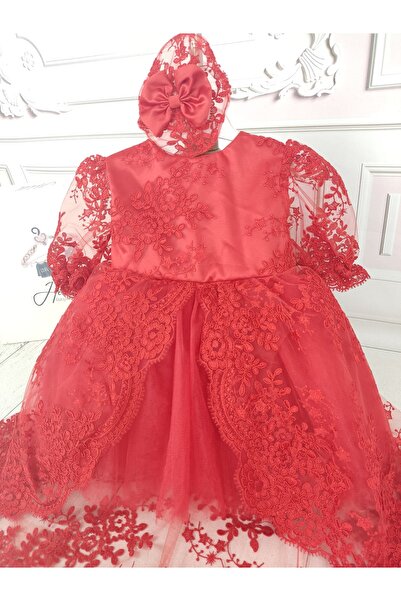 Hobidik Kız Çocuk Takıp Çıkarılabilen Fransız Dantel Çevrili Kumaş Doğum Günü Özel Gün Elbise - Kırmızı