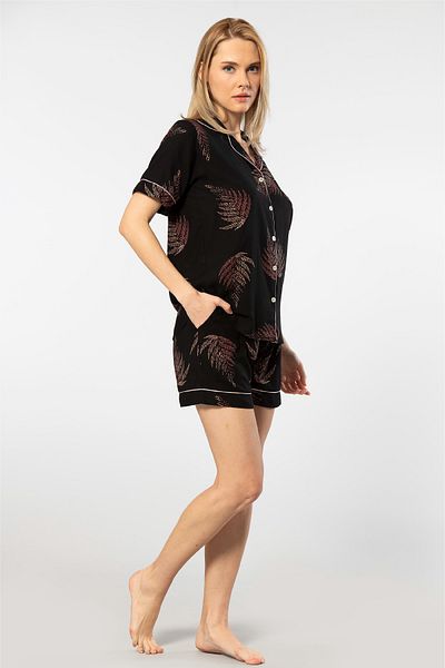 TÜREN Viscose Fabric, Shirt Collar, Women's Shorts Set, Leaf Print, Short Sleeve, Pocket