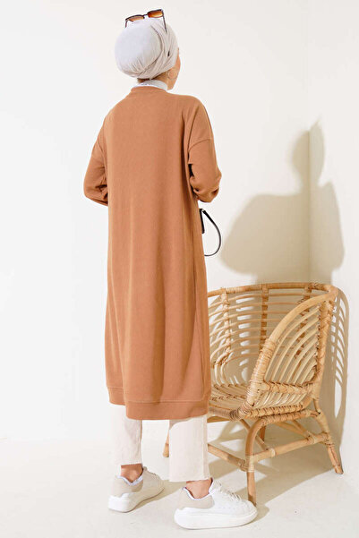 VOLT CLOTHİNG Women's Tall Buttoned Ribbed Long Cardigan