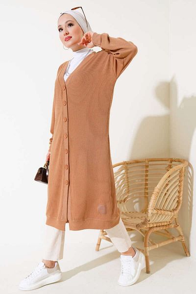 VOLT CLOTHİNG Women's Tall Buttoned Ribbed Long Cardigan