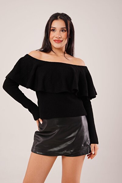 Hipo Trend Madonna Yaka Volanlı Siyah Triko Bluz
