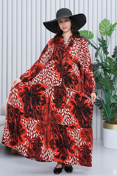 AYASOFYA OTANTIK Women's Red Button Detailed Placket Collar Print Loose Balloon Sleeve Long Dress