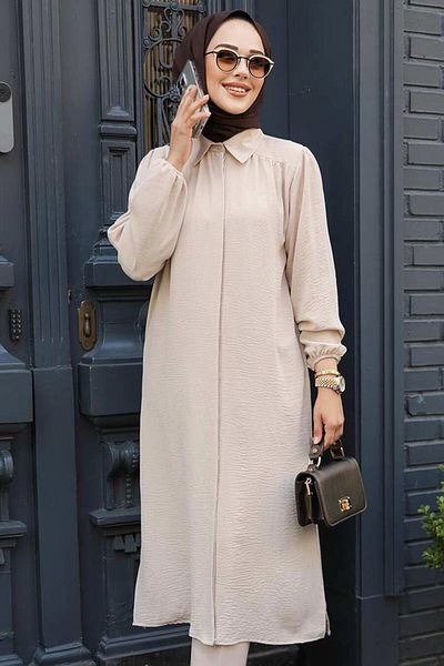 Neva Style Rochie Hijab Bej cu nasturi 41401bej