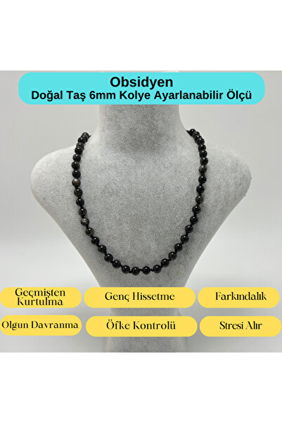 YILDIZ DOĞAL TAŞ SERTİFİKALI Obsidyen Doğal Taş 6mm Makrome Kolye 45cm- 55cm Ayarlanabilir Ölçü