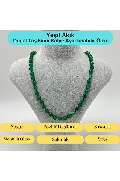 YILDIZ DOĞAL TAŞ SERTİFİKALI Yeşil Akik Doğal Taş 6mm Makrome Kolye 45cm- 55c...
