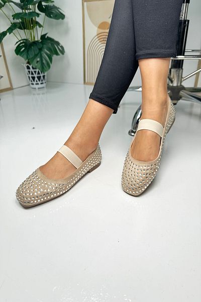 İmerShoes Balerini elastici de damă bej Stone - Pantofi cu toc mic și talpă zimțată cu vârf tocit 347