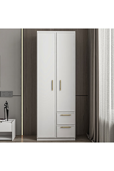 İNARCH DİZAYN Vespera Çıta detaylı, 2 Kapaklı, Çekmeceli Gardırop Beyaz, 60 cm
