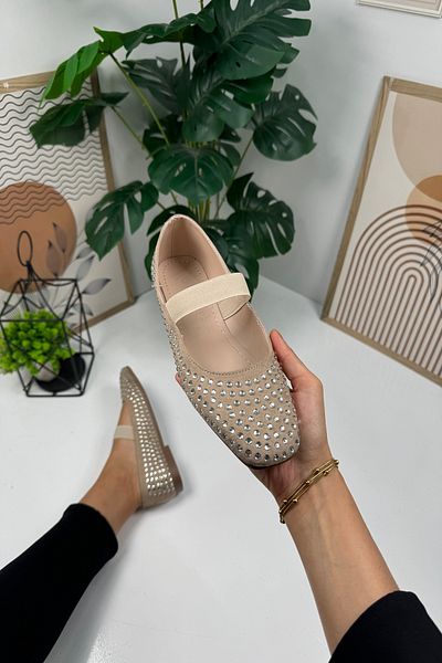 İmerShoes Balerini elastici de damă bej Stone - Pantofi cu toc mic și talpă zimțată cu vârf tocit 347