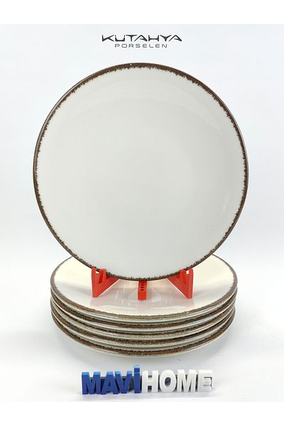 Kütahya Porselen Corendon Series Brown Edge Patterned 27 cm Plain Cream Serving Plate Set of 6