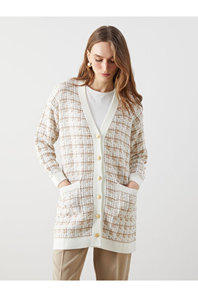 LC Waikiki Brown V-Neck Patterned Women's Knitwear Cardigan