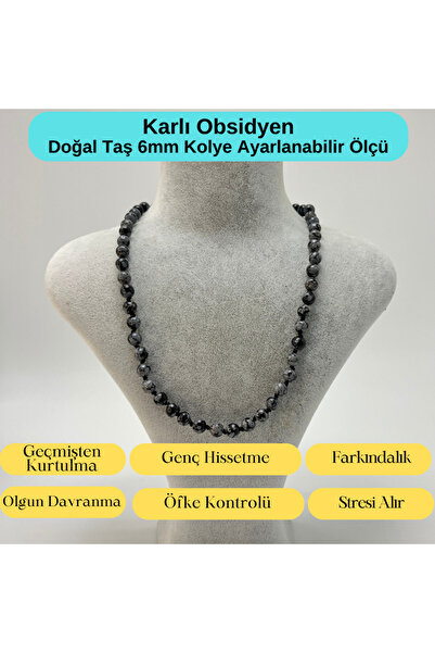 YILDIZ DOĞAL TAŞ SERTİFİKALI Karlı Obsidyen  Doğal Taş 6mm Makrome Kolye 45cm...