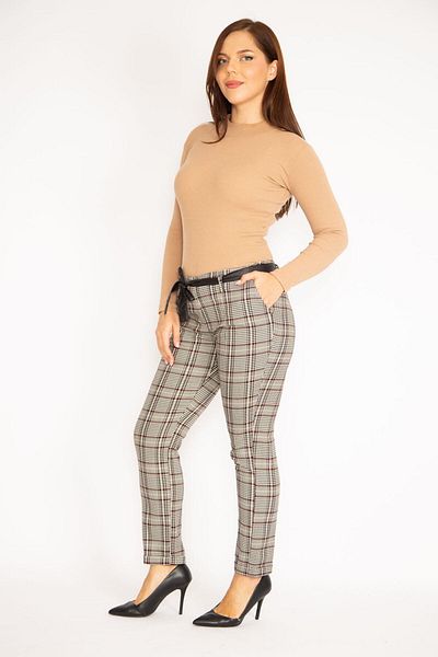 Şans Women's Burgundy Plaid Patterned Hidden Belt Front Zipper Side Pocket Faux Leather Belt Detailed Classic Trousers