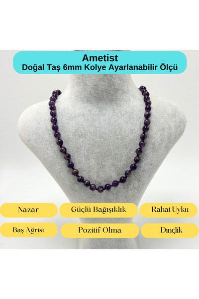 YILDIZ DOĞAL TAŞ SERTİFİKALI Ametist Doğal Taş 6mm Makrome Kolye 45cm- 55cm A...