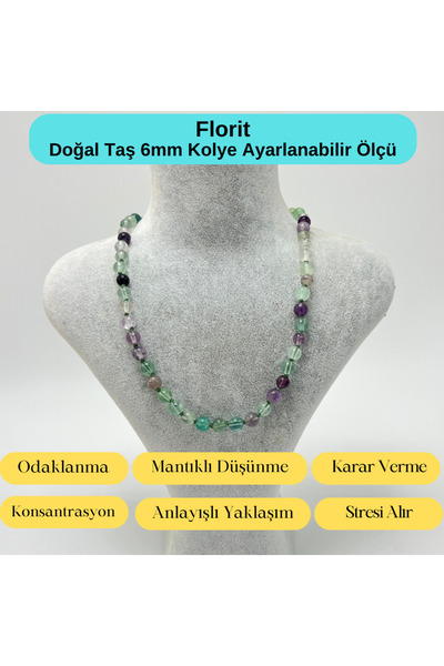 YILDIZ DOĞAL TAŞ SERTİFİKALI Florit Doğal Taş 6mm Makrome Kolye 45cm- 55cm Ay...