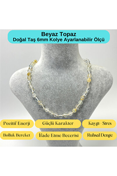 YILDIZ DOĞAL TAŞ SERTİFİKALI Beyaz Topaz Doğal Taş 6mm Makrome Kolye 45cm- 55...