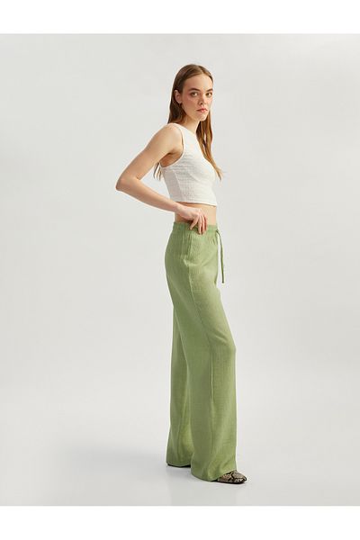 Koton Viscose Blended Wide Leg Trousers with Lace-Up Waist