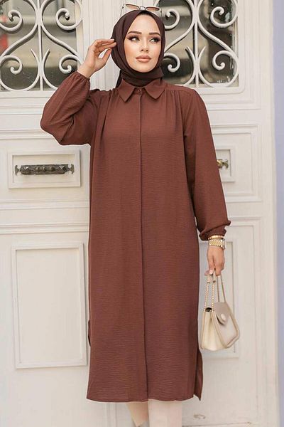 Neva Style Buttoned Brown Hijab Dress 41401Kh