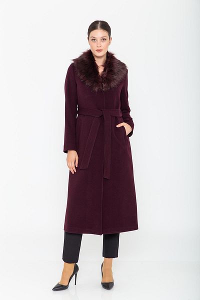 Concept. Mittellanger Mantel mit Pelzkragen und gebundener Taille, Pflaume 3397