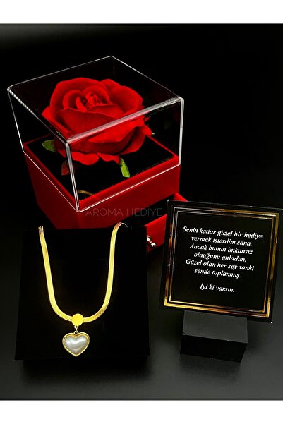 aromahediye 14 AYAR ALTIN KAPLAMA İNCİ KALP İTALYAN KOLYE GÜLLÜ KUTU ÇEKMECELİ