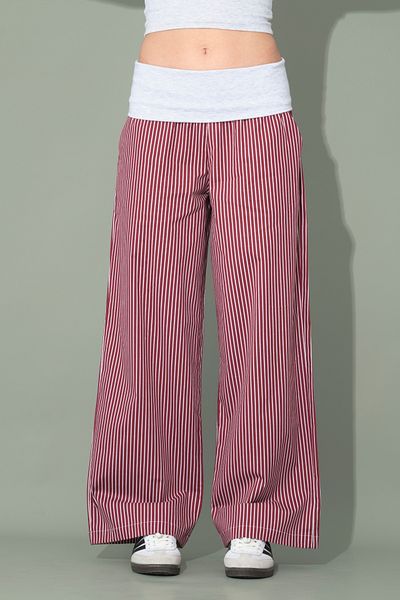 Jardin du Soleil Striped Burgundy Relaxed Trousers with Folded Waist Detail
