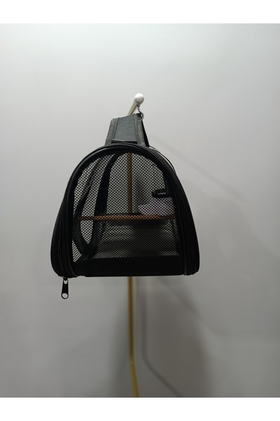 Zeyna Petshop Muhabbet Kuşu Taşıma Çantası Tünekli Suluklu Fileli (SİYAH) (33CMX23CMX22CM)