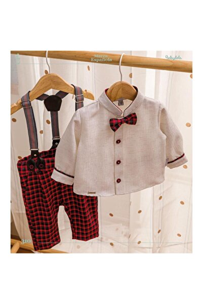 Butik Babydola Bow Tie Strap Belted Plaid Print Pants Shirt Set