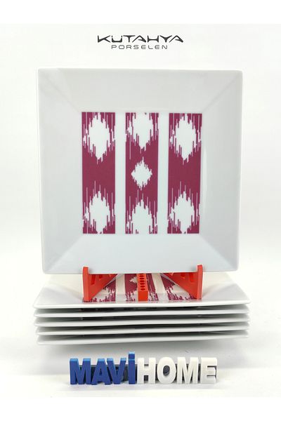 Kütahya Porselen Purple Patterned Square 22 cm Dessert - Cake Plate Set of 6