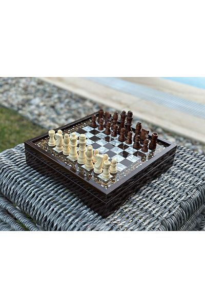 Devrizaman Stylish and Classic Mother of Pearl Embroidered Cap Chess Set - 30X30 cm