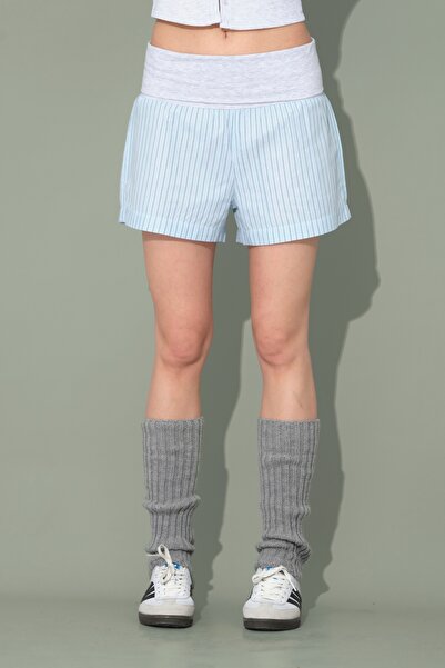 Jardin du Soleil Katlanmış Bel Detaylı Mavi-Yeşil Çizgili Şort