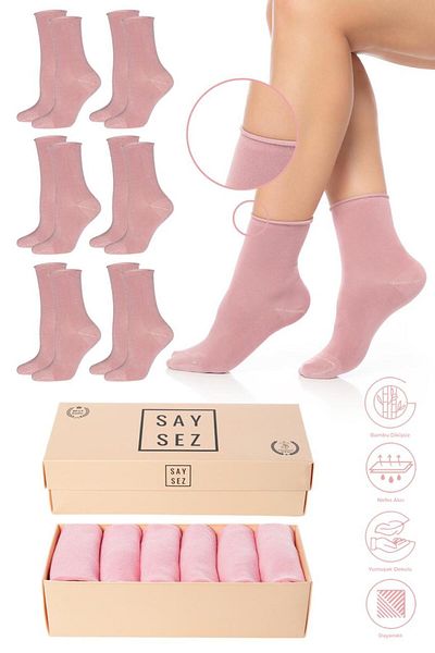 SAYSEZ Set of 6 Bamboo Women's Premium Pink Socks - Elasticated and Non-Marking