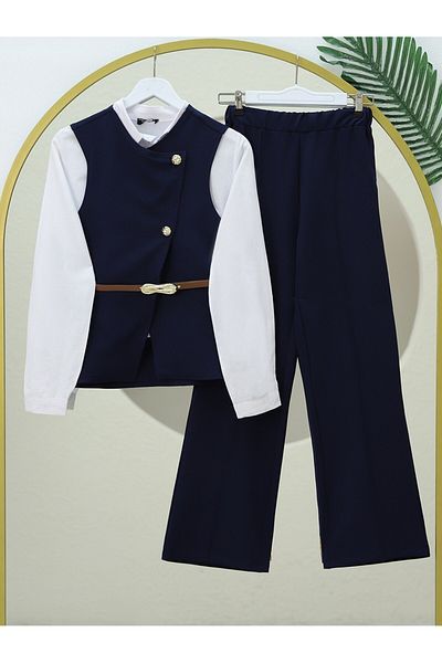 Modamorfo Wide Leg Trousers and Vest Belt Suit - Navy