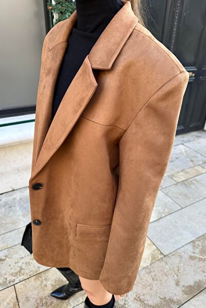 manana fashion Μπουφάν Blazer Oversize Tan Suede