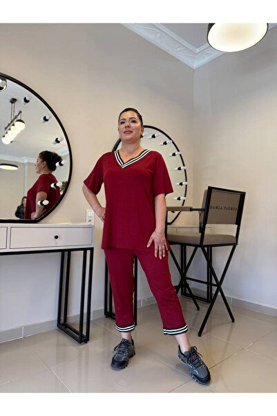 garajmood Burgundy Stripe Detailed Large Size Bottom-Top Set with Pockets